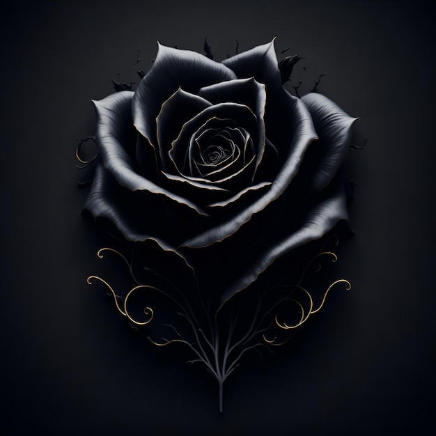 A black rose with gold trim and a black background.