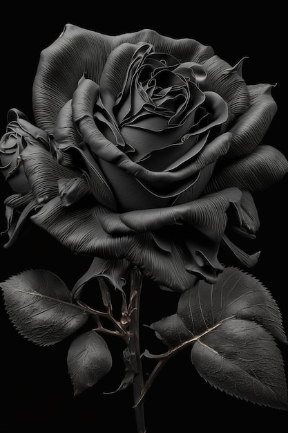 A black rose with a leaf on it.