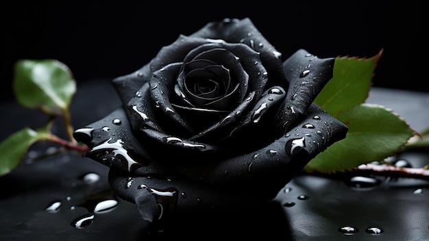 Black rose with water droplets on a black background Closeup