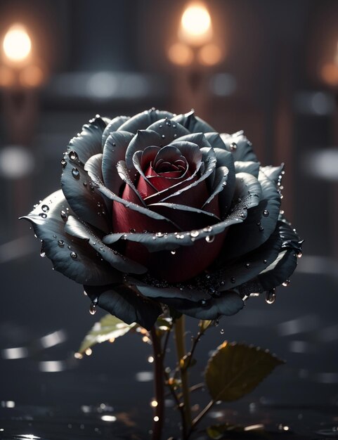 Photo black rose with water droplets