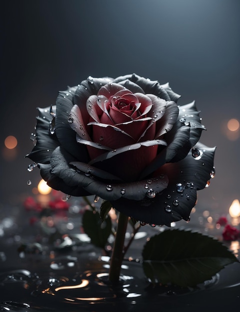 Photo black rose with water droplets