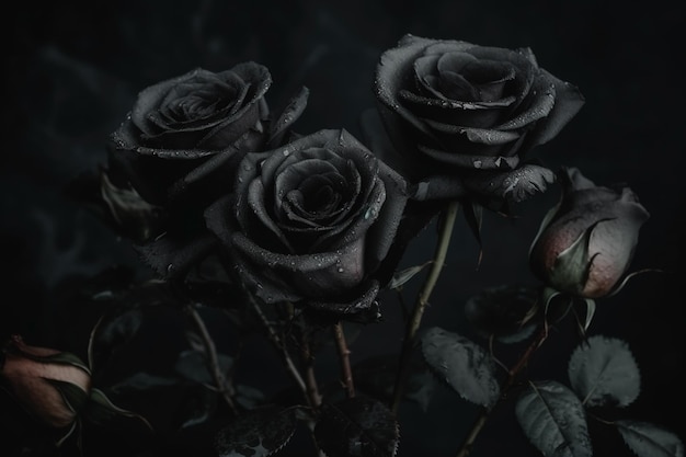 Black roses dark moody romantic background Closeup floral banner Ai generated