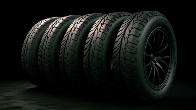 Black round car tires with rubber tread on alloy wheels on a black AI generated