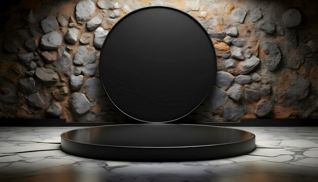 Black round Marble podium mockup for product presentation on rock stone wall background