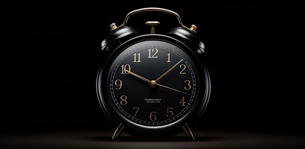 Black round old alarm clock on black background