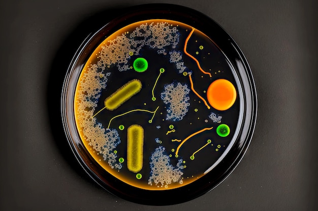 暗い背景に酵母のコロニーのサンプルと黒の丸いペトリ皿