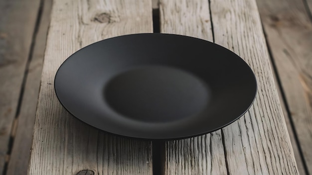 Black round plate on wooden background top view copy space