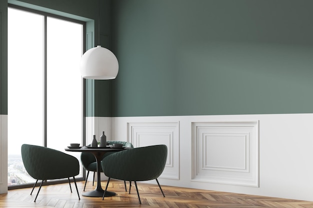 Black round table standing in a cafe corner with green chairs near it and a panoramic window in the background. 3d rendering mock up