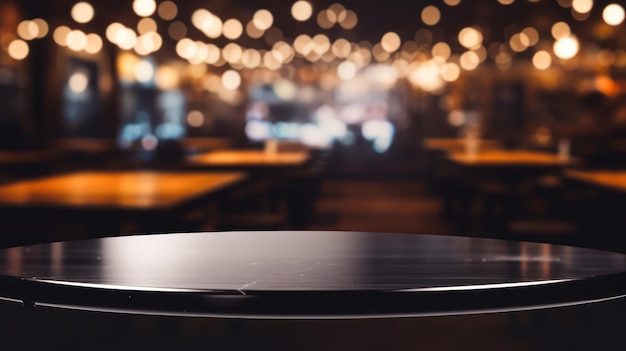 Black round table with blur night club light background