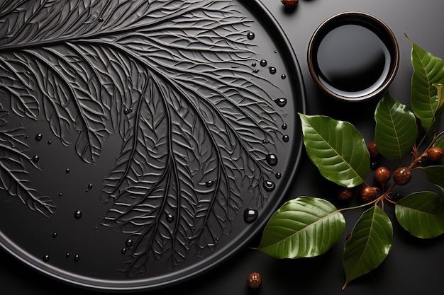 black round tray for products display with beautiful leaves
