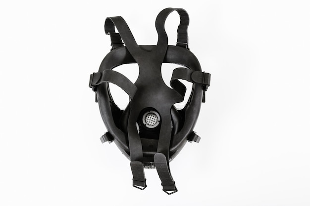 Black rubber gas mask without filter on white background Back viewxA