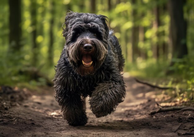 A black russian terrier gracefully trotting along a forest trail