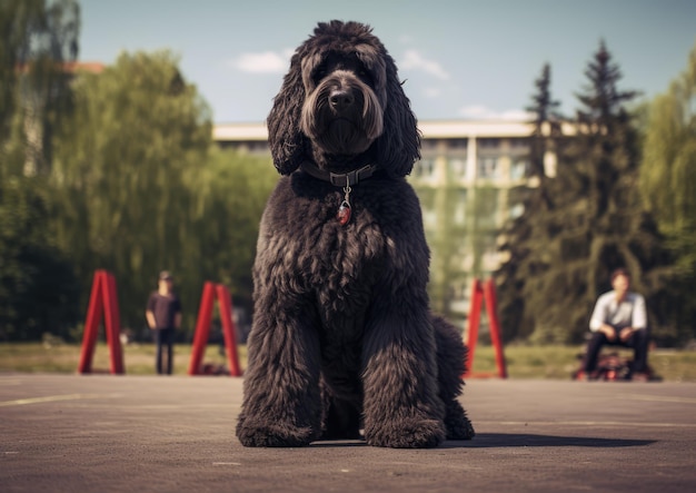 A Black Russian Terrier sitting obediently during a training session