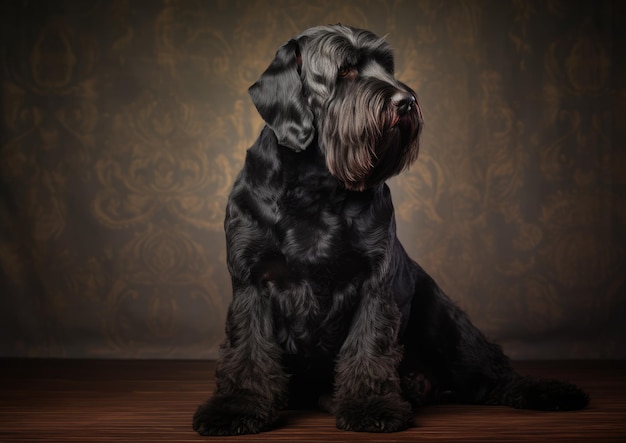 A Black Russian Terrier sitting obediently during a training session