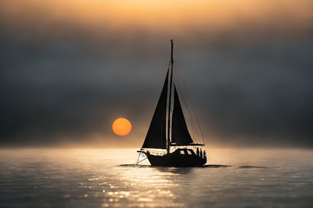 black sailboat silhouette in the fog bokeh sharp ai generative