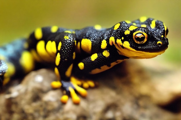 Black salamander with yellow belly to prepare for jump from stone