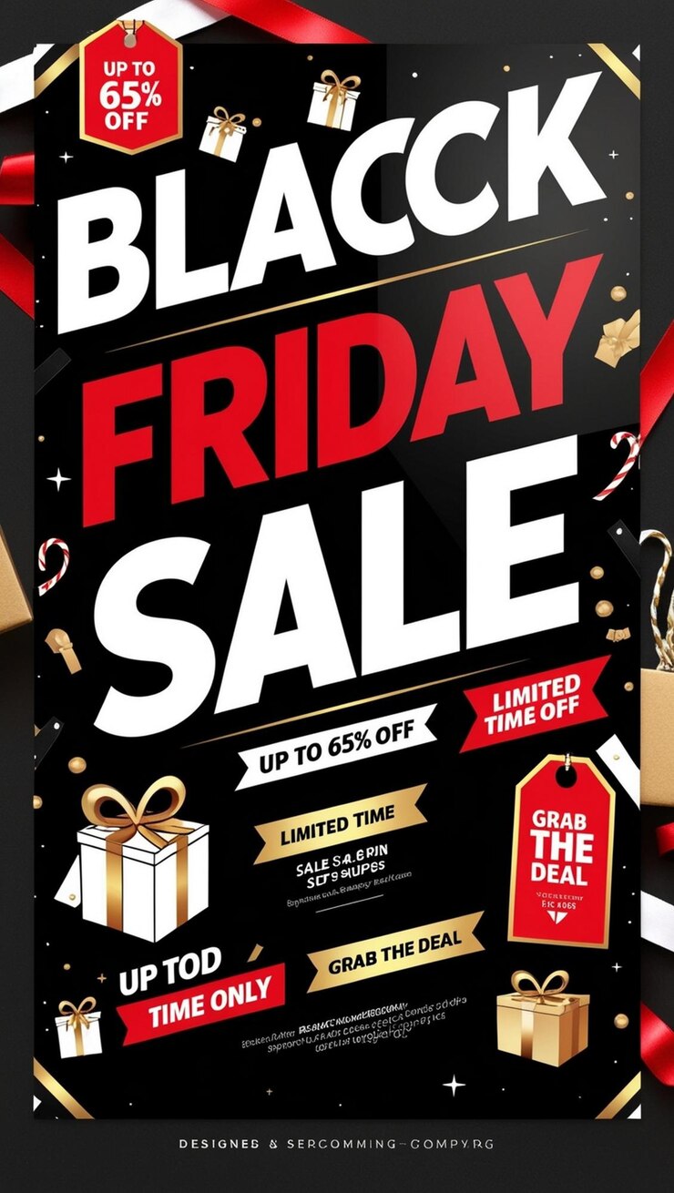 Photo 赤と白のバナーが付いた黒い販売ポスターで金曜日の販売と書かれています