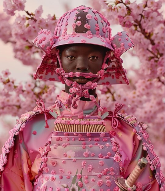 Foto samurai nero in armatura rosa in piedi in un campo di fiori di ciliegio