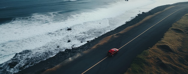 Black sand beach with red car on road aerial panorama Generative Ai