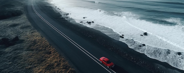 Черный песчаный пляж с дорогой и красной машиной на панораме путешествия во время отпуска Generative Ai