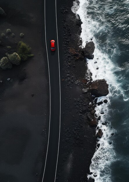 Black sand beach with road and red car on travel holiday wallpaper Generative Ai