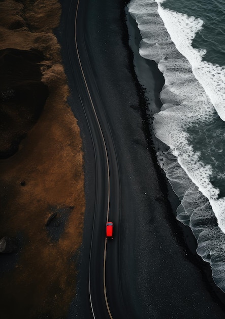 Black sand beach with road and red car on travel holiday wallpaper Generative Ai