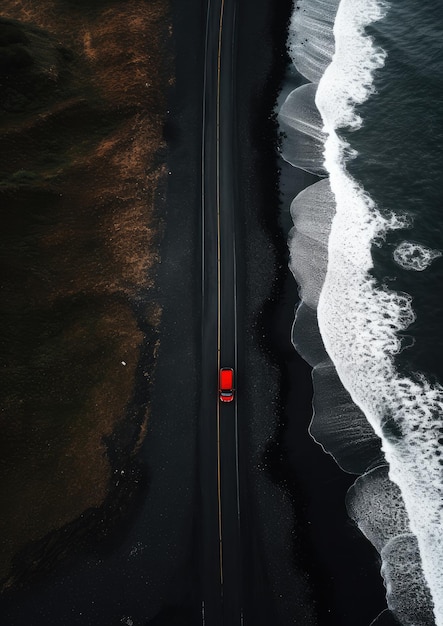 Black sand beach with road and red car on travel holiday wallpaper Generative Ai