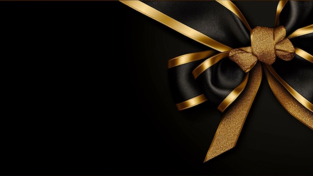 Black satin ribbon with gold bow on black background Vector illustration