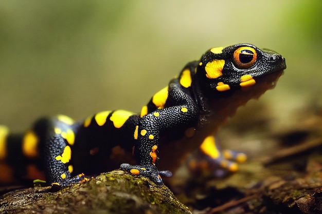 Black scaly salamander with yellow dots with large orange eyes lies on rock