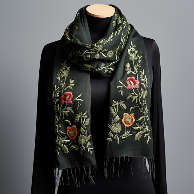 Black scarf embroidered with flowers shawl photos AI generated art