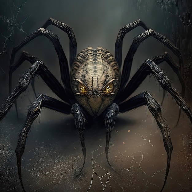 Black scary spider closed up on a dark background Poisonous scary spider from the horror movies Web striped paws Tarantula Arachnophobia concept Generative of AI