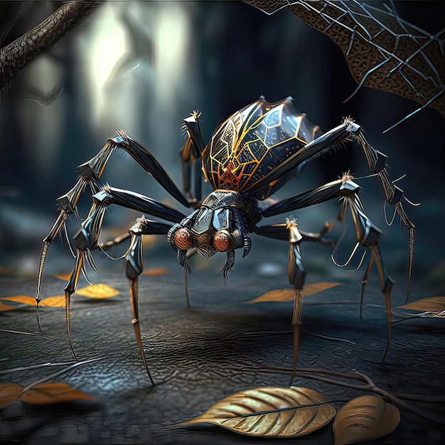 Black scary spider closed up on a dark background Poisonous scary spider from the horror movies Web striped paws Tarantula Arachnophobia concept Generative of AI