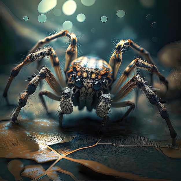 Black scary spider closed up on a dark background Poisonous scary spider from the horror movies Web striped paws Tarantula Arachnophobia concept Generative of AI