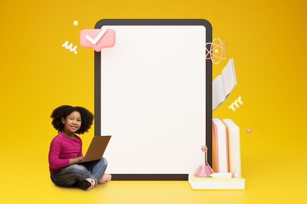 Black schoolgirl using laptop near tablet touchscreen yellow background collage