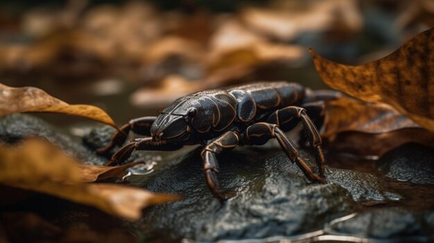 A black scorpion sits on a rock in the woods.