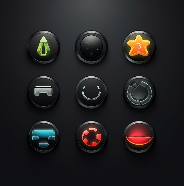 a black screen with a colorful button and a smiley face on it.