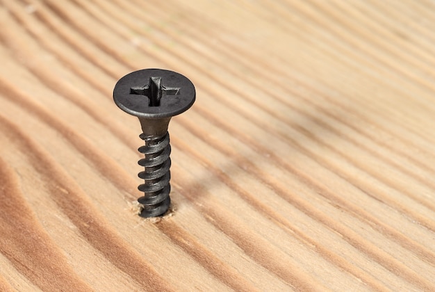 Black screw screwed into wood close up