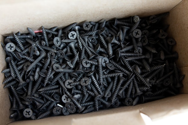 Black screws in a cardboard box