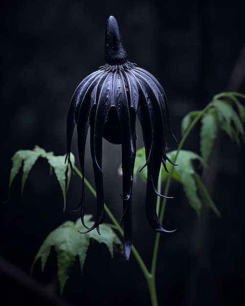 A black sculpture of a plant with long leaves in the background