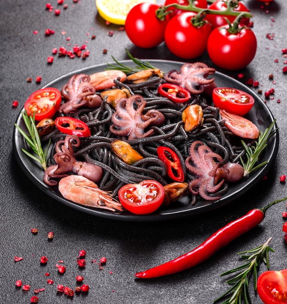 Черная паста из морепродуктов с креветками, осьминогом и мидиями на черном