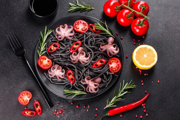 Black seafood pasta with shrimp, octopus and mussels. Mediterranean gourmet food. Black pasta with octopus on a black stone plate