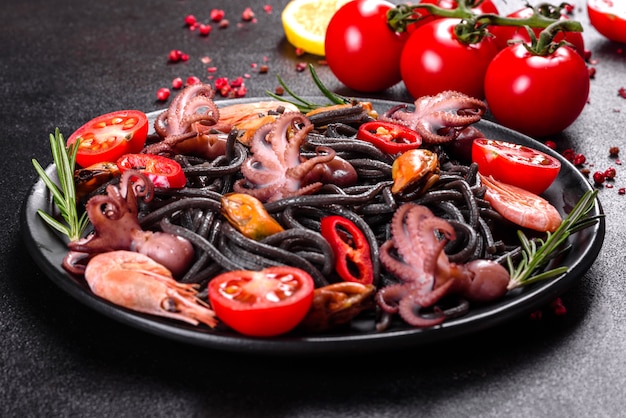 Black seafood pasta with shrimp, octopus and mussels. Mediterranean gourmet food. Black pasta with octopus on a black stone plate