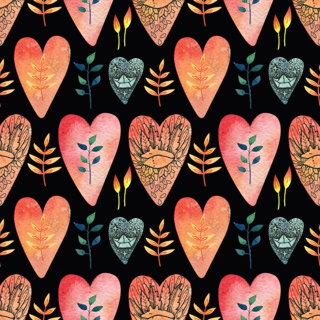 Black seamless pattern with colored (red, orange, blue) hearts with the image of a cute fox, a carabiner, leaves and flowers.