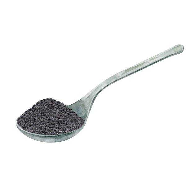 Black seeds in a metal spoon