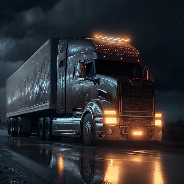 A black semi truck being driven in the night