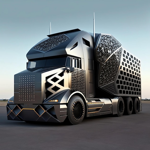 A black semi truck with a large number of stars on the side