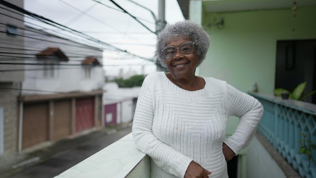 Photo a black senior woman portrait standing outside smiling at camera