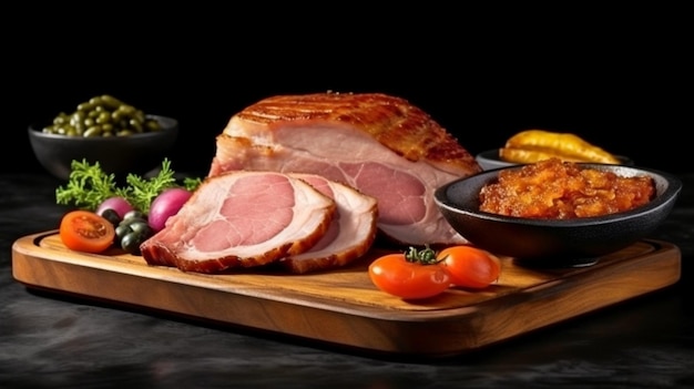 Black serving board with roasted pork and baked gammon Generative AI