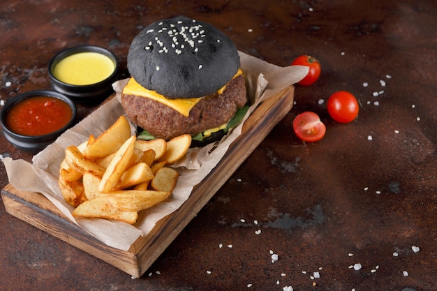 Black sesame seed bun cheeseburger and baked potato wedges in\
wooden box, sauces set and cherry tomatoes on messy table, over old\
rusty background, copy space. fast food and unhealthy eating\
concept