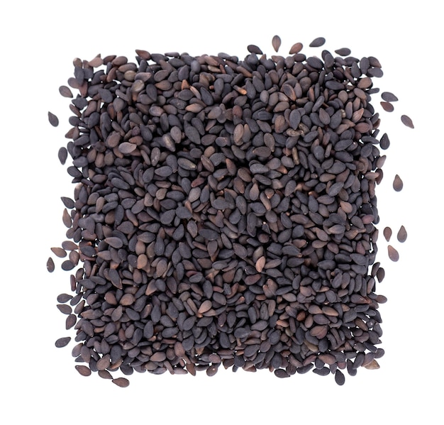 Black sesame seeds isolated on white background Organic spice Top view